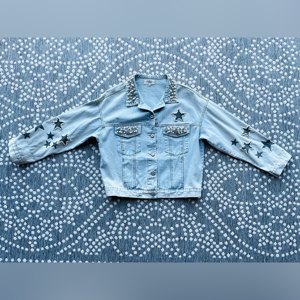 P. Cill Denim Jean Jacket Boutique Embellished Rhinestone Pearls Jewels Diamonds